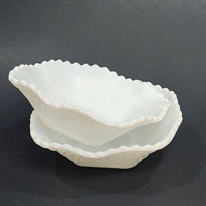 2 Vintage 6" Sq. Hazel Atlas Ruffled Edge Milk Glass Candy Dish Diamond Point